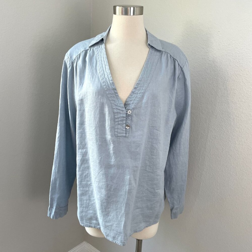 Grae Cove Womens Plus XXL Blue 100%‎ Linen Long Sleeve Blouse Top V Neck